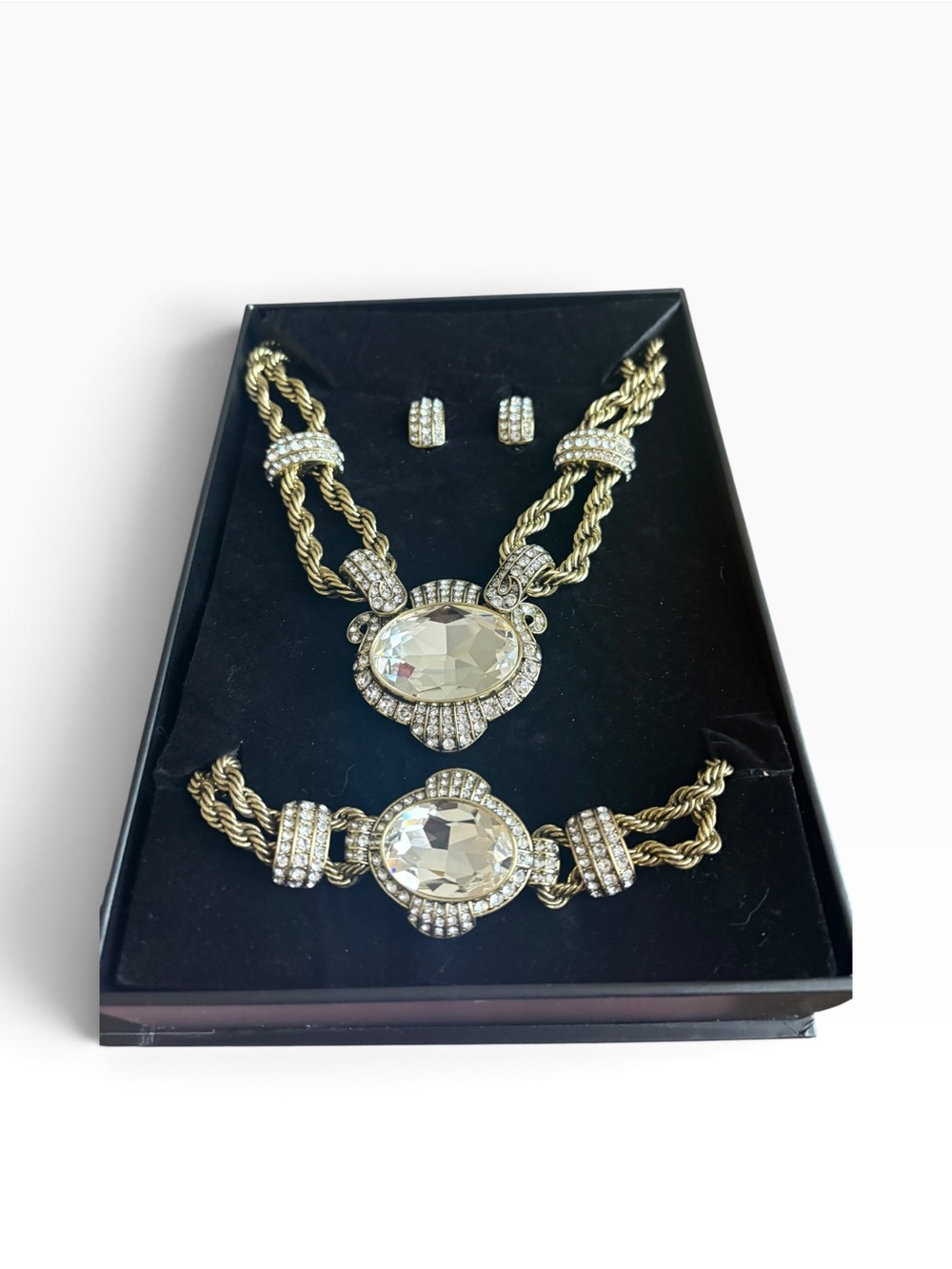 Heidi Daus Chain of Events Clear Crystal Necklace Bracelet Earrings 3pc Set.